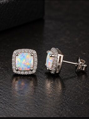 18K White Gold Opal Stud Earrings Created Opal Halo Plated 925 Sterling Silver